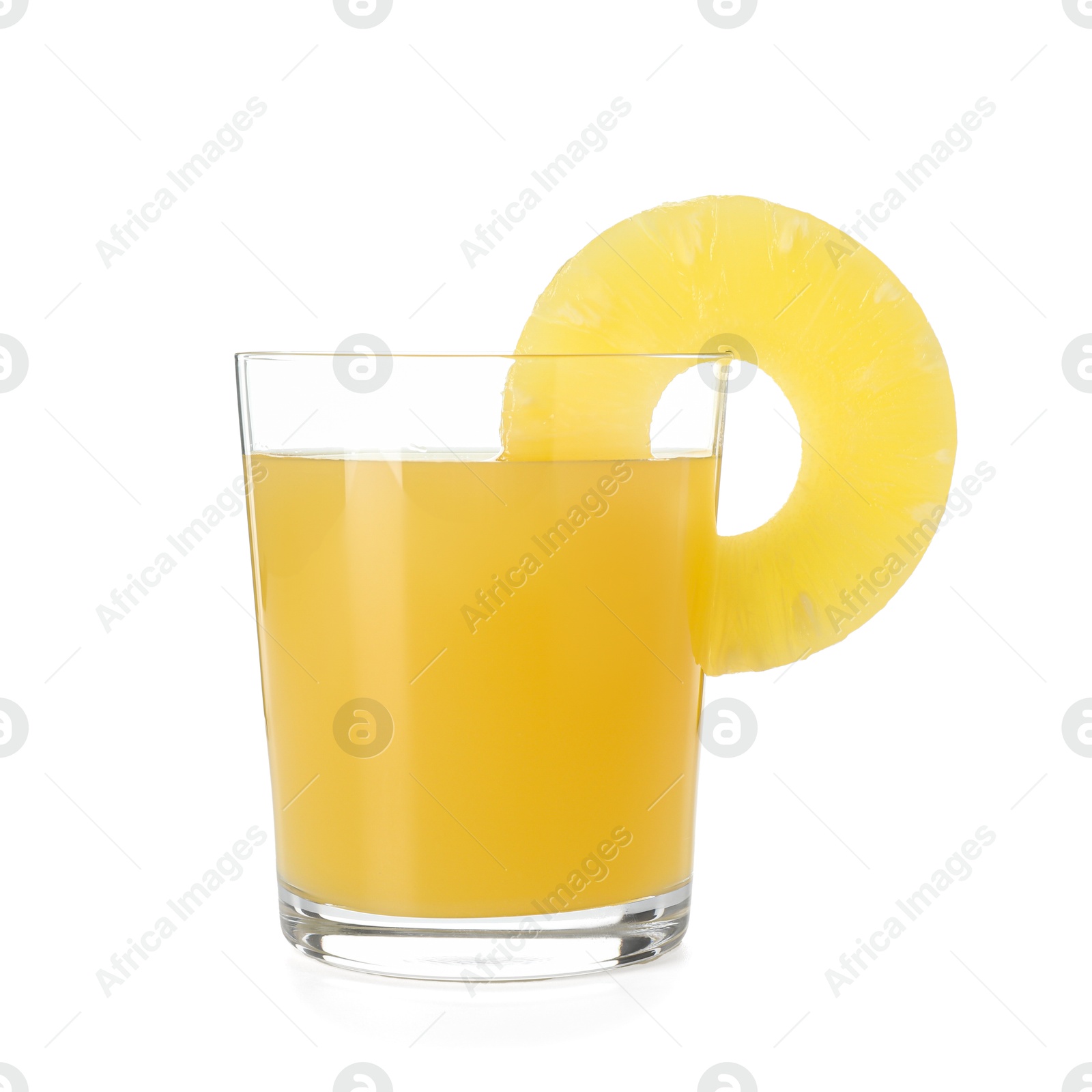 Photo of Glass with pineapple juice and piece of fresh fruit isolated on white