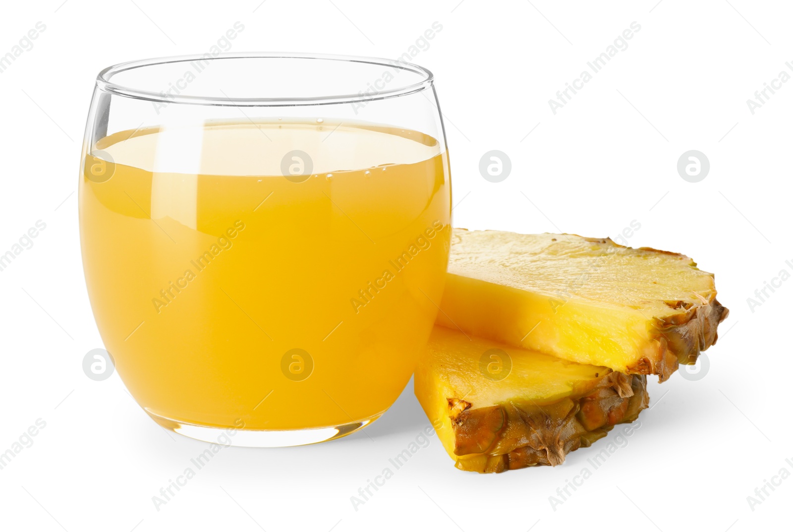 Photo of Glass with pineapple juice and pieces of fresh fruit isolated on white