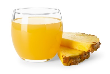 Photo of Glass with pineapple juice and pieces of fresh fruit isolated on white