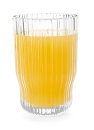 Photo of Glass with tasty pineapple juice isolated on white