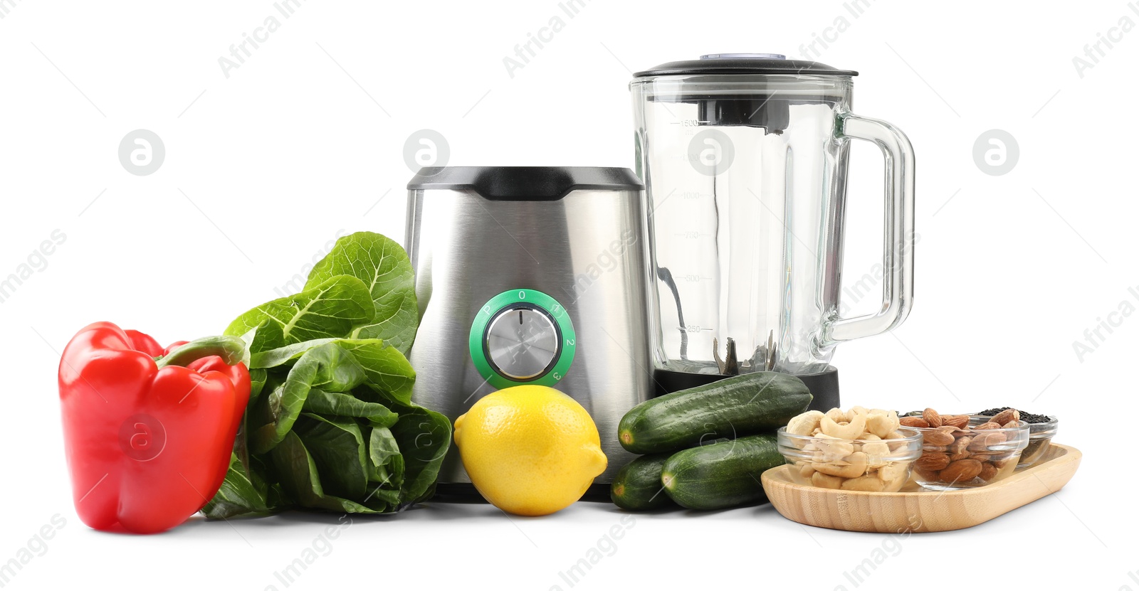 Photo of Modern blender and fresh products isolated on white