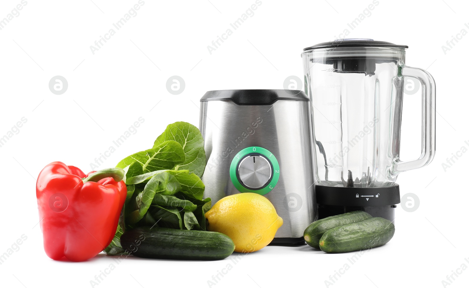 Photo of Modern blender and fresh products isolated on white