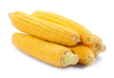 Photo of Many fresh ripe corncobs isolated on white