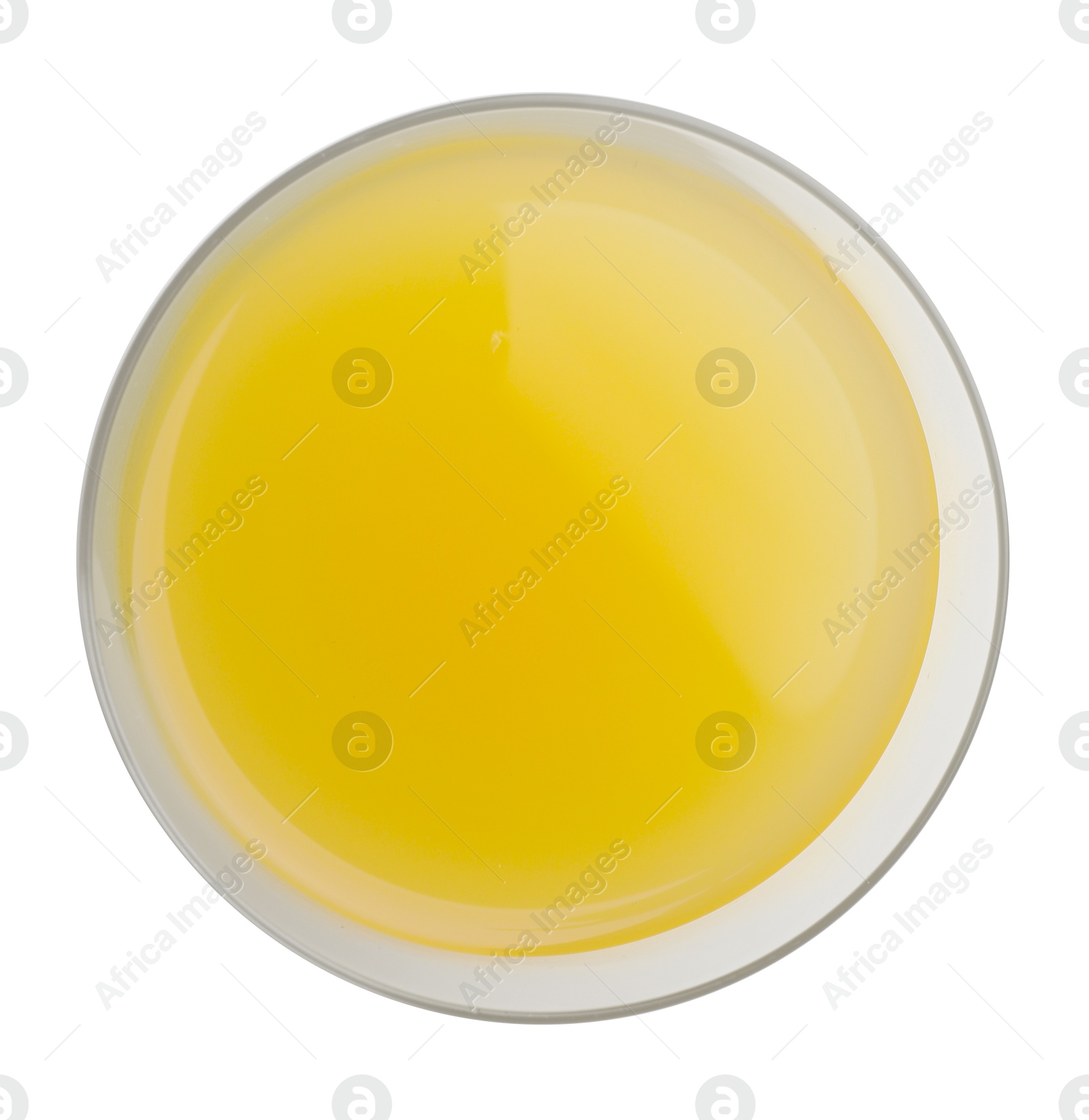 Photo of Tasty pineapple juice in glass isolated on white, top view