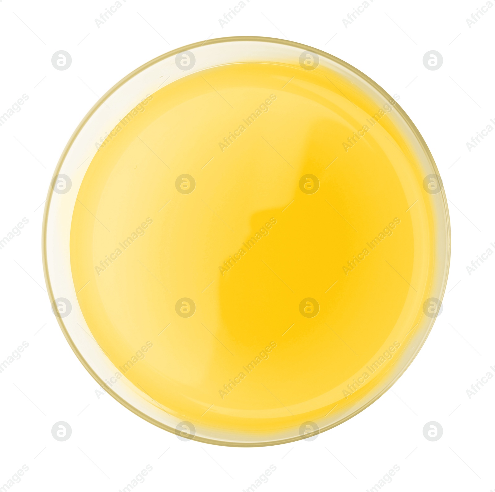 Photo of Tasty pineapple juice in glass isolated on white, top view