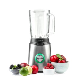 Photo of Blender and fresh ingredients isolated on white