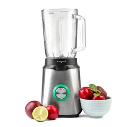 Photo of Blender and fresh ingredients isolated on white