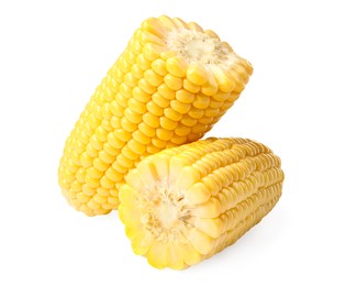 Photo of Halves of fresh corncob isolated on white