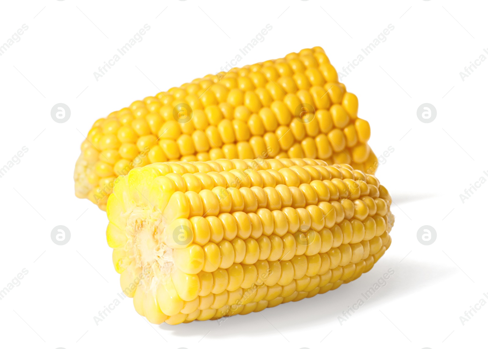 Photo of Halves of fresh corncob isolated on white