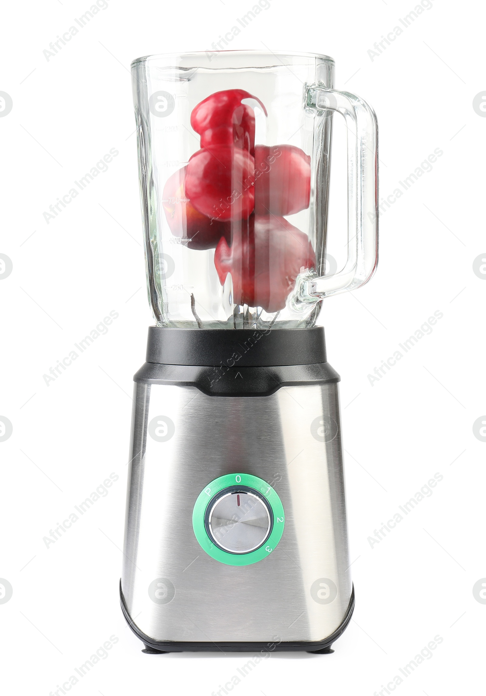 Photo of Blender and fresh ingredients isolated on white