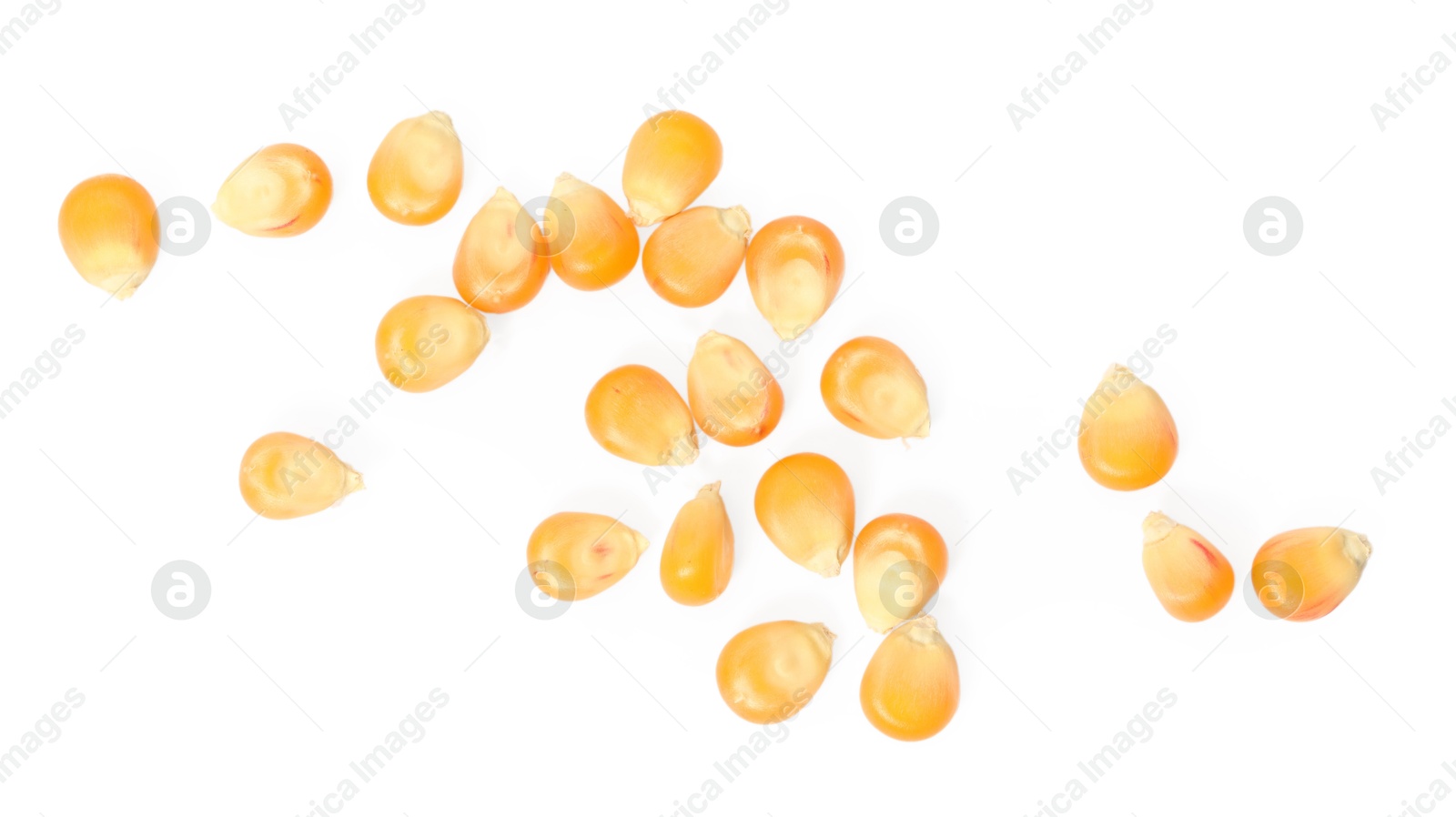 Photo of Pile of fresh corn kernels isolated on white, top view