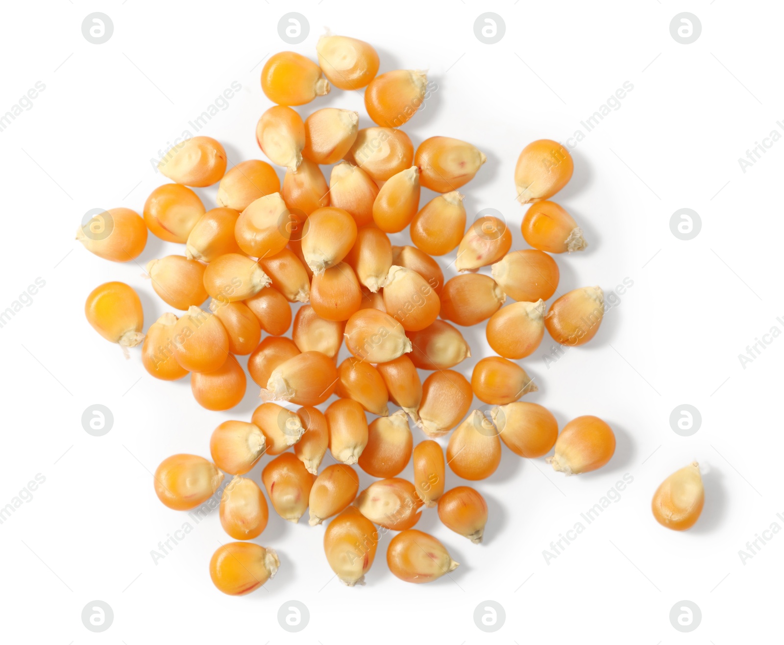 Photo of Pile of fresh corn kernels isolated on white, top view