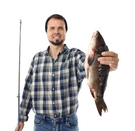 Smiling fisherman with rod and caught fish isolated on white