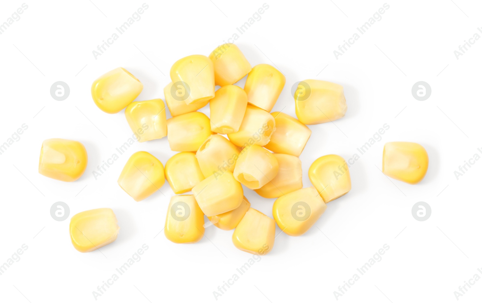 Photo of Pile of fresh corn kernels on white background, top view