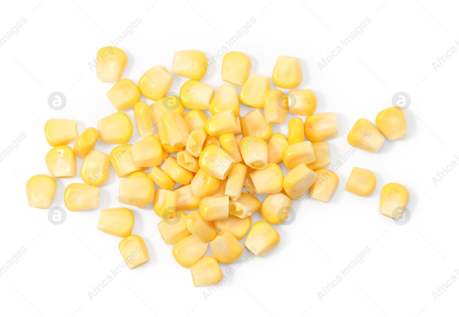 Photo of Pile of fresh corn kernels on white background, flat lay