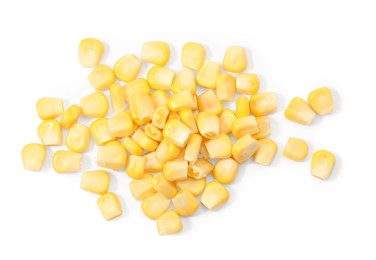 Pile of fresh corn kernels on white background, flat lay