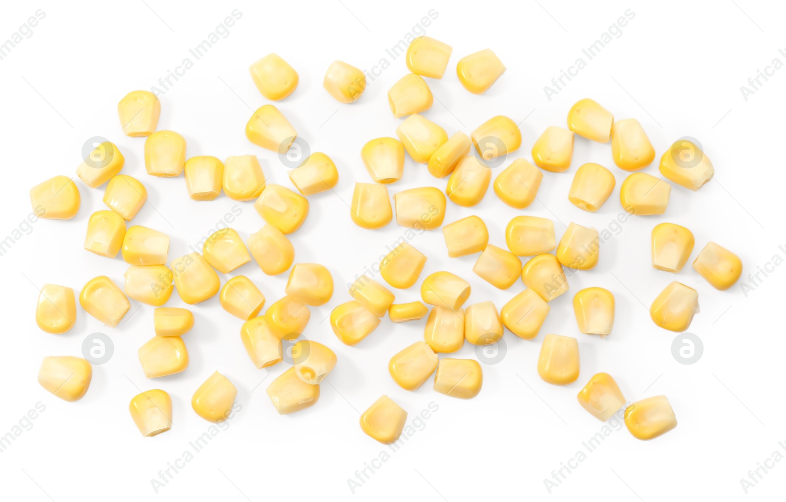 Photo of Pile of fresh corn kernels on white background, flat lay