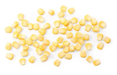 Photo of Pile of fresh corn kernels on white background, flat lay