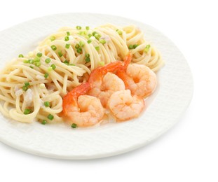 Delicious pasta with shrimps and green onions isolated on white