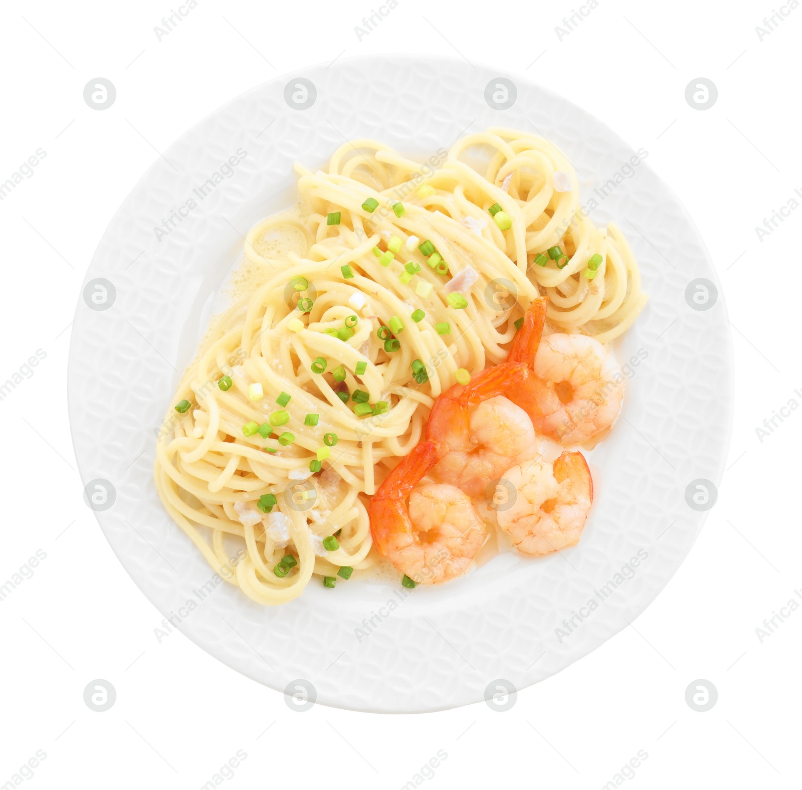 Photo of Delicious pasta with shrimps and green onions isolated on white, top view