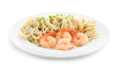 Photo of Delicious pasta with shrimps and green onions isolated on white