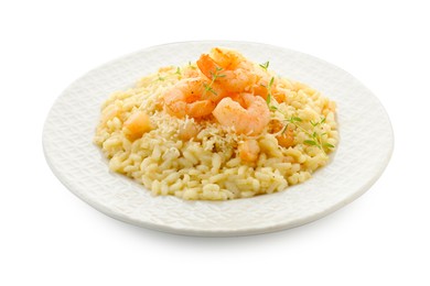 Photo of Delicious risotto with shrimps and cheese isolated on white