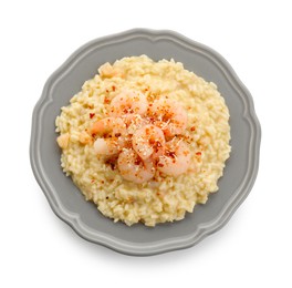 Photo of Delicious risotto with shrimps and cheese isolated on white, top view