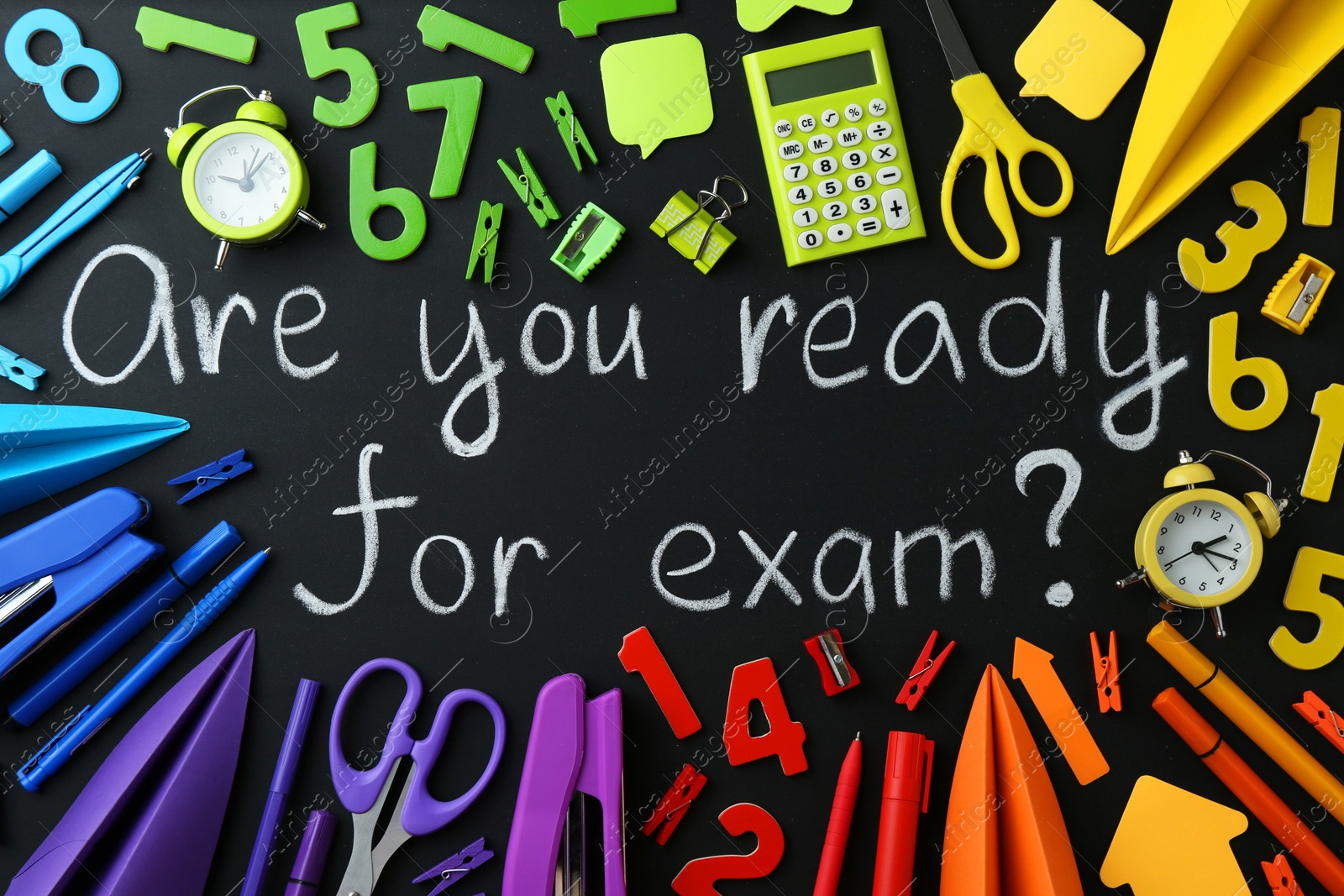 Photo of Chalkboard with question Are You Ready For Exam and stationery, top view