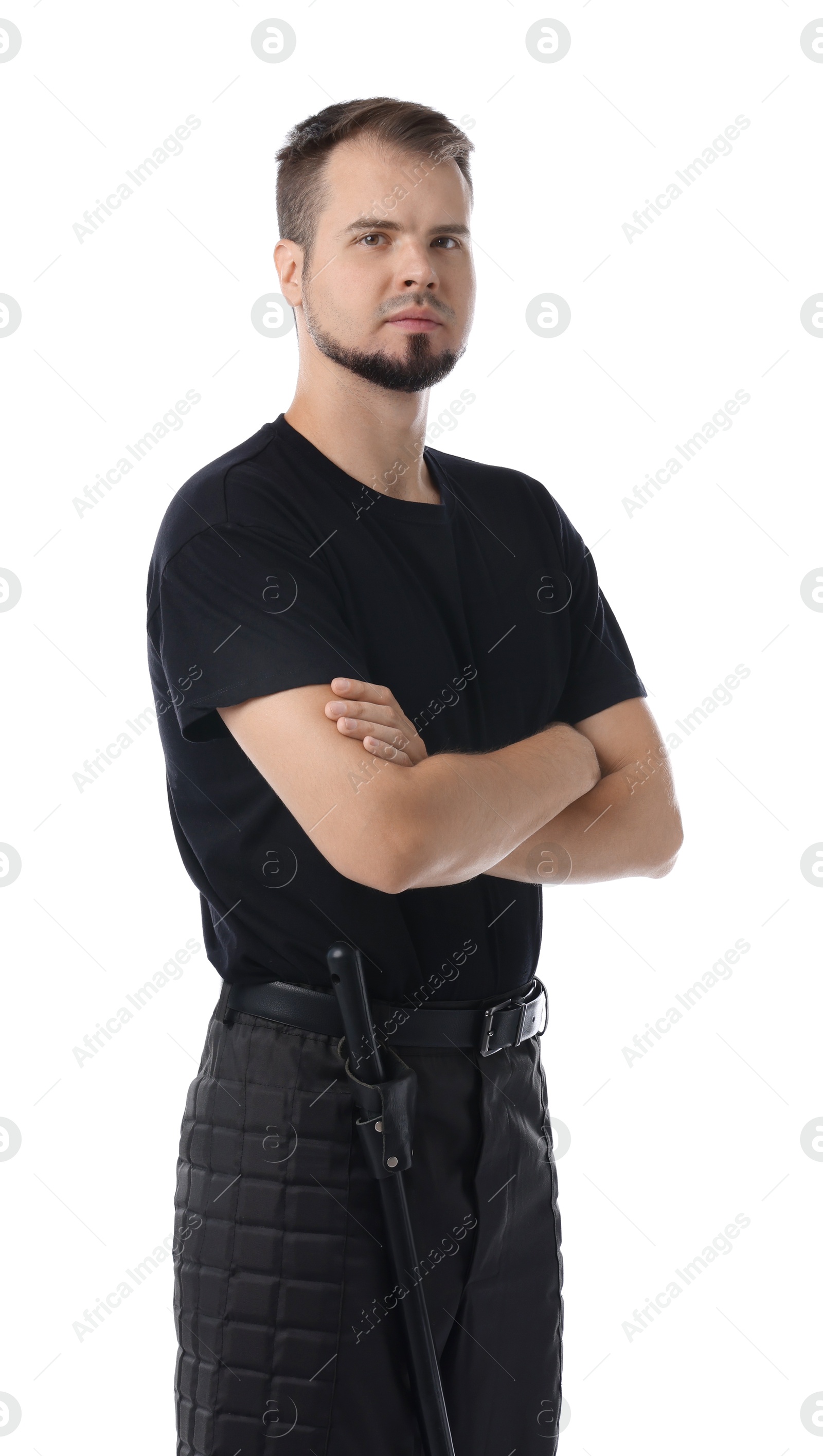 Photo of Young bodyguard with baton isolated on white