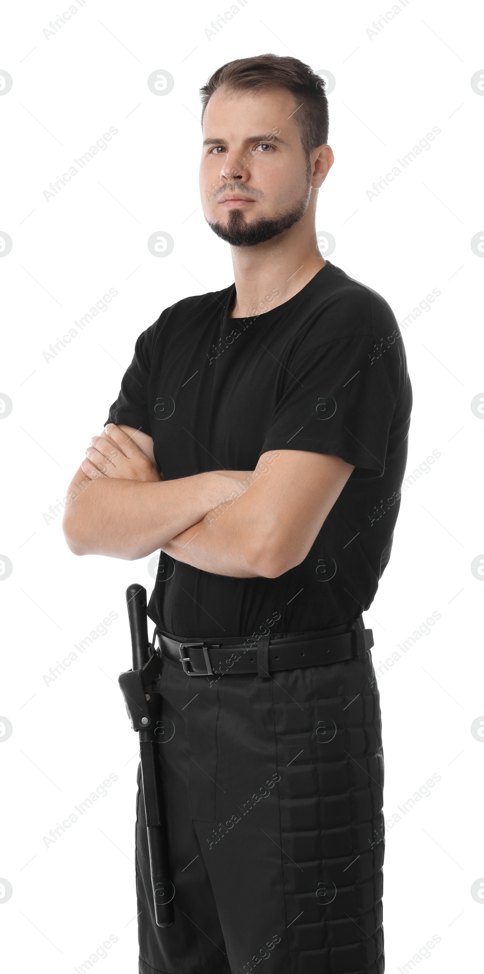 Photo of Young bodyguard with baton isolated on white