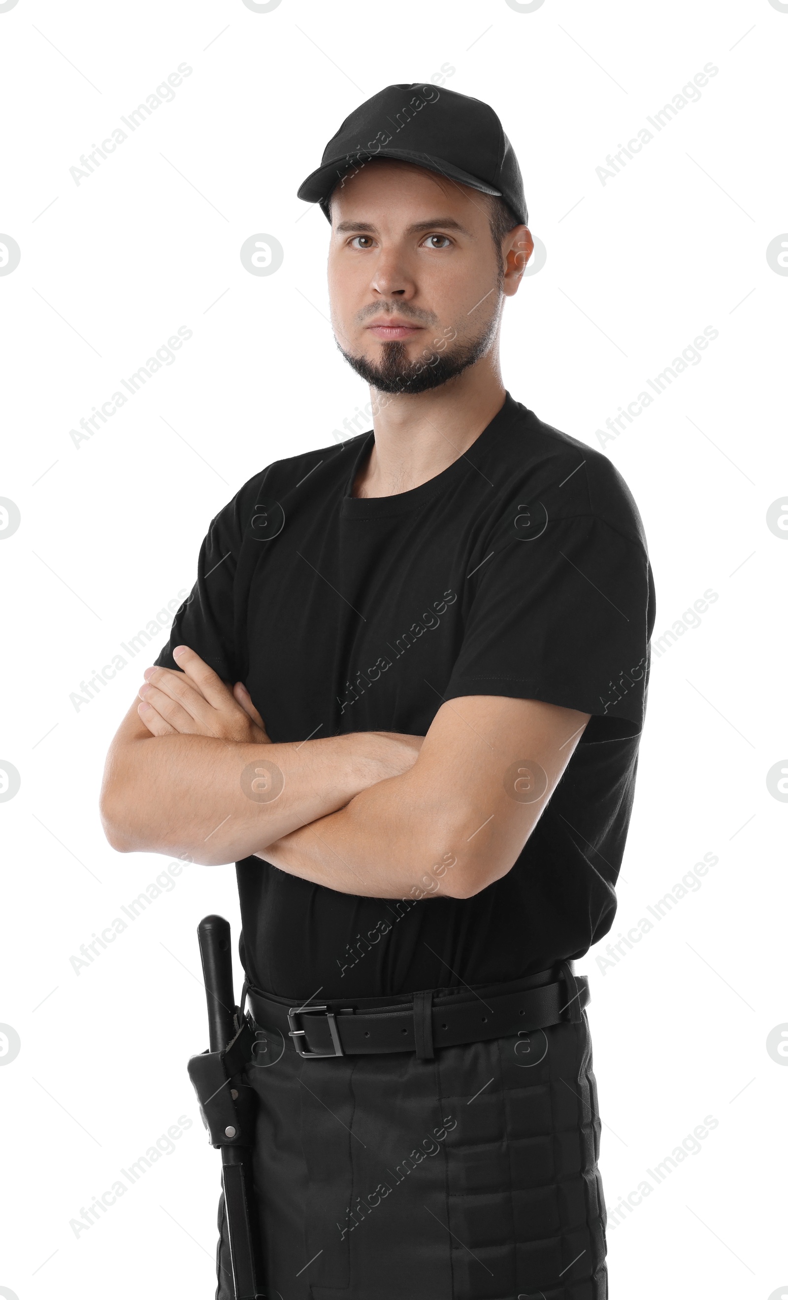 Photo of Young bodyguard with baton isolated on white