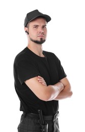 Photo of Young bodyguard with baton and earpiece isolated on white