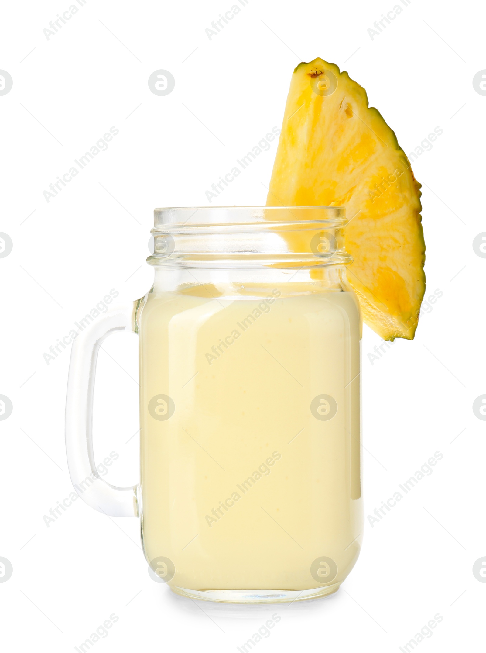 Photo of Tasty pineapple smoothie in mason jar and slice of fruit isolated on white