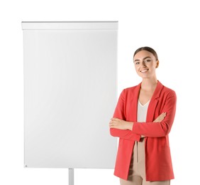 Photo of Woman near flip chart on white background. Mockup for design