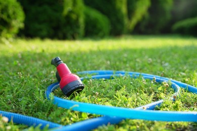 Light blue hose on lawn in backyard, closeup