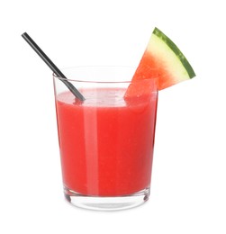 Photo of Tasty watermelon drink in glass and fresh fruit isolated on white