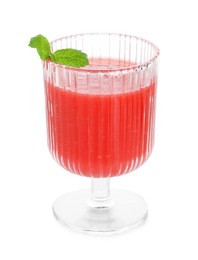 Photo of Tasty watermelon drink in glass and mint isolated on white