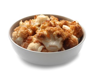 Baked cauliflower in bowl on white background