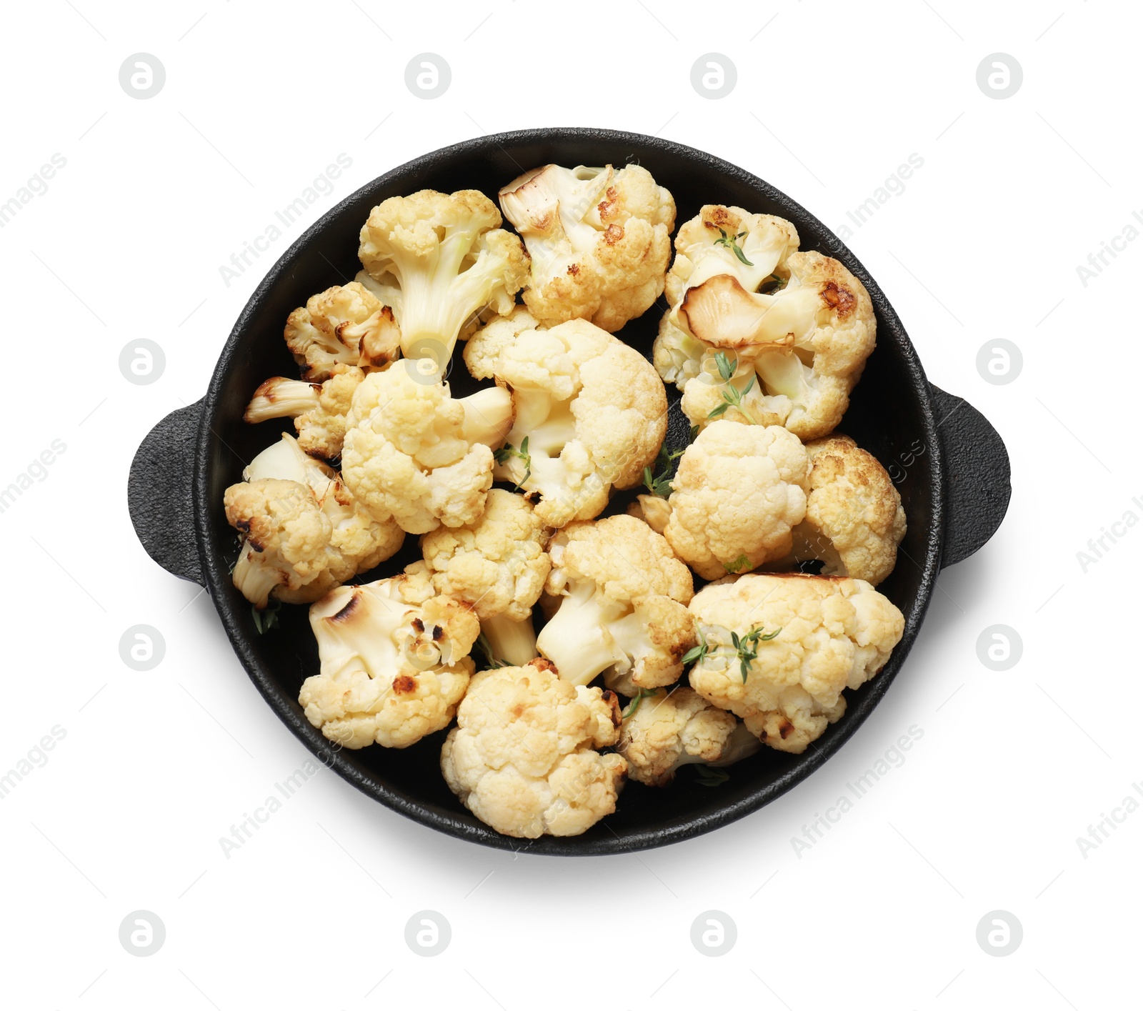 Photo of Baked cauliflower in baking dish on white background, top view