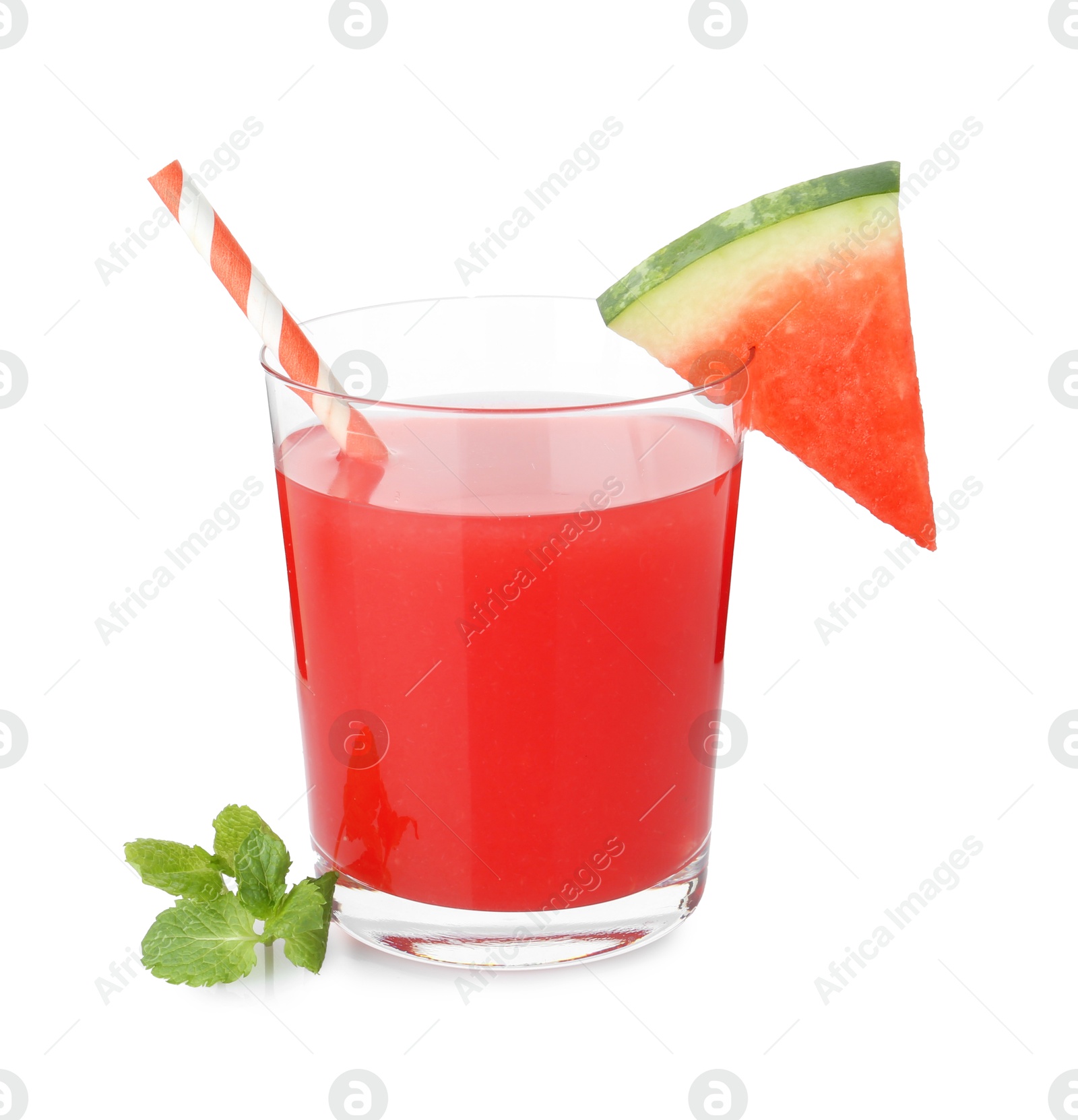 Photo of Tasty watermelon drink in glass and mint isolated on white