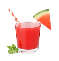 Photo of Tasty watermelon drink in glass and mint isolated on white