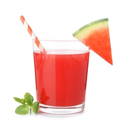 Photo of Tasty watermelon drink in glass and mint isolated on white