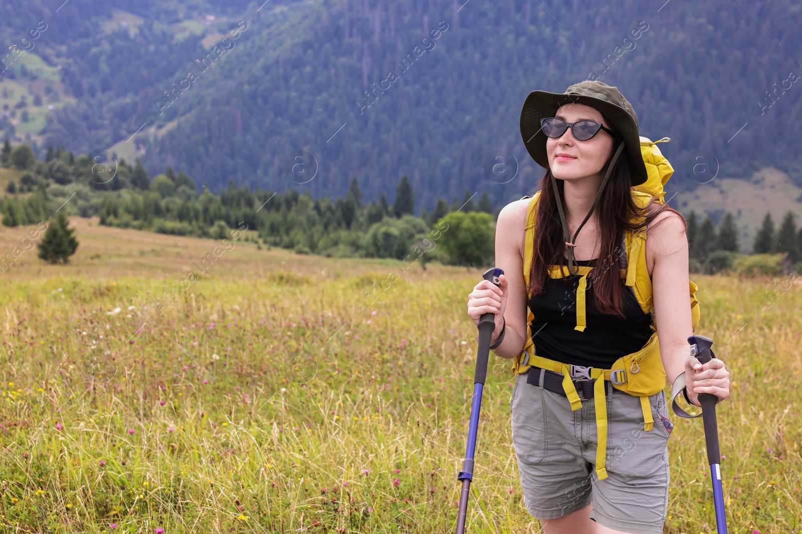 Photo of Young hiker with backpack and trekking poles in mountains, space for text