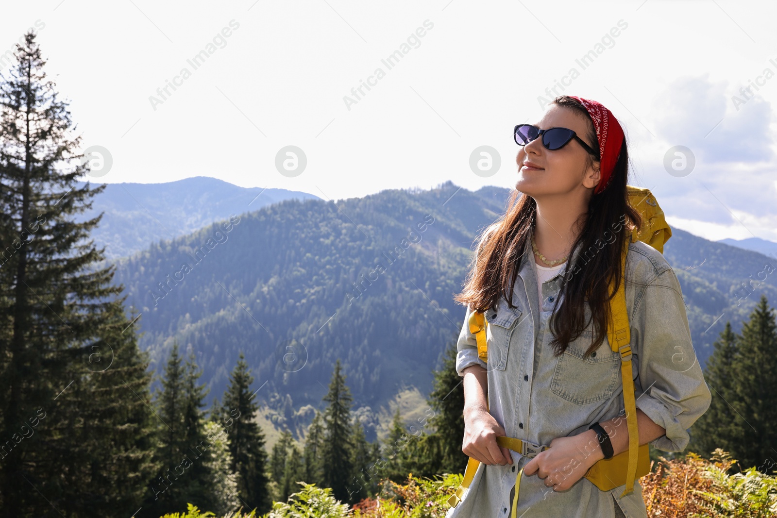 Photo of Young hiker with backpack in mountains on sunny day