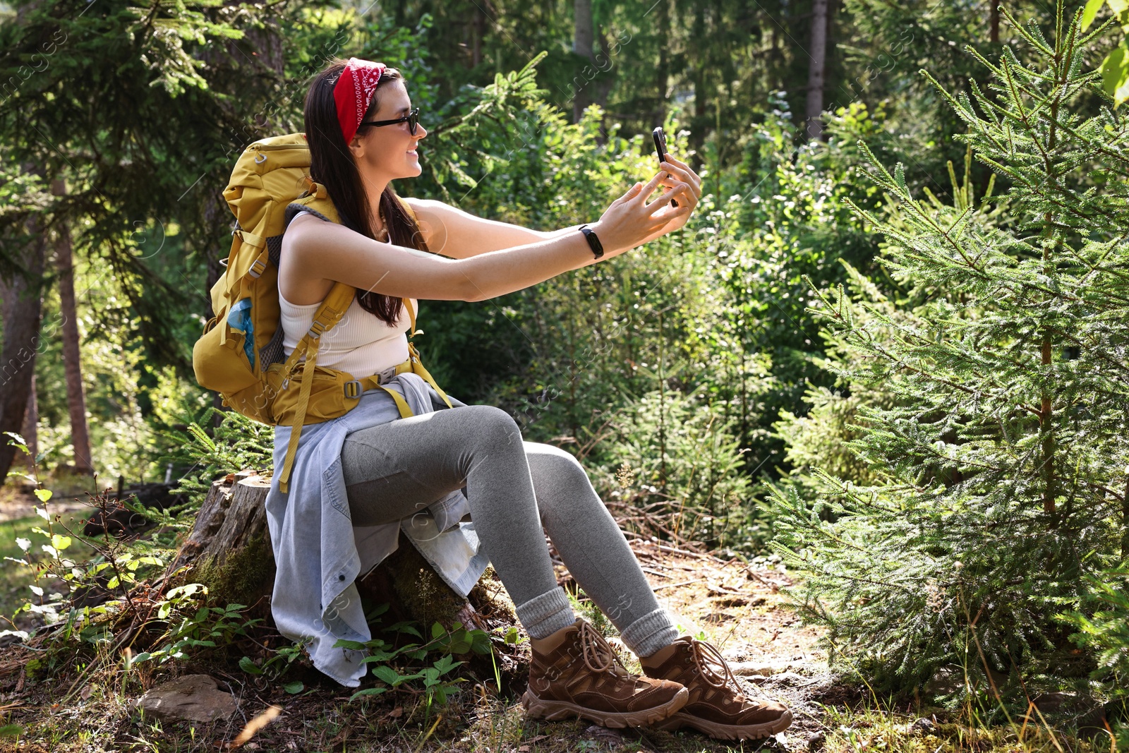 Photo of Young hiker taking selfie while sitting on tree stump in forest