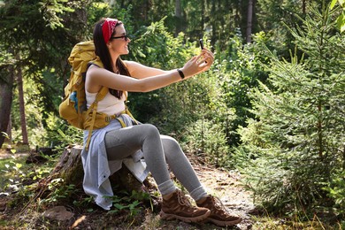 Photo of Young hiker taking selfie while sitting on tree stump in forest