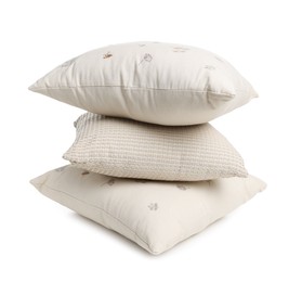 Photo of Stack of different pillows isolated on white