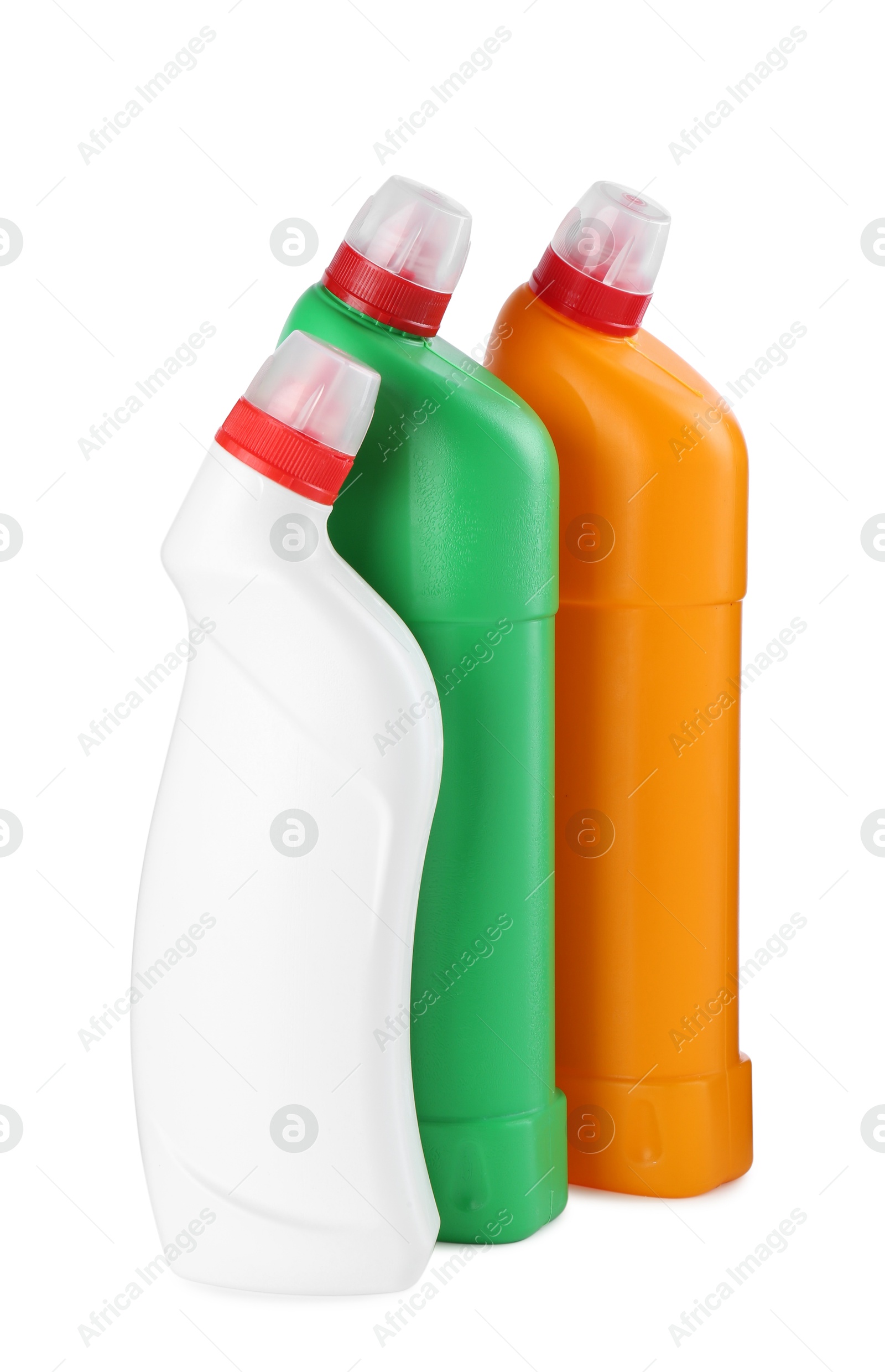 Photo of Different toilet cleaners in bottles isolated on white