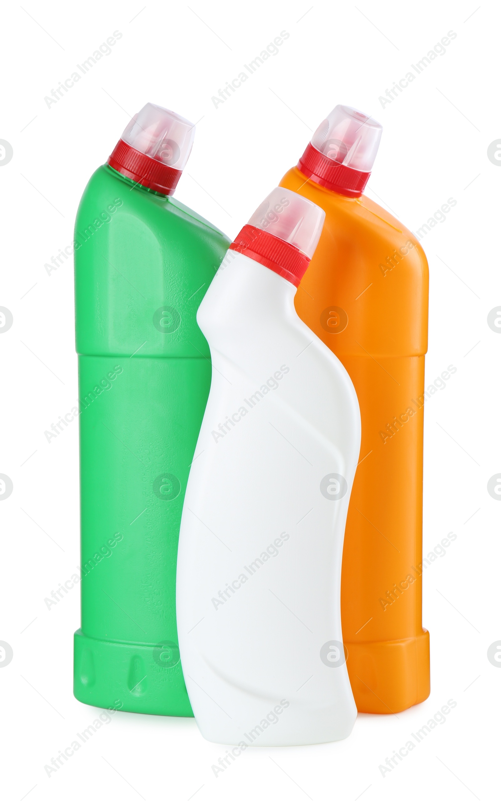 Photo of Different toilet cleaners in bottles isolated on white