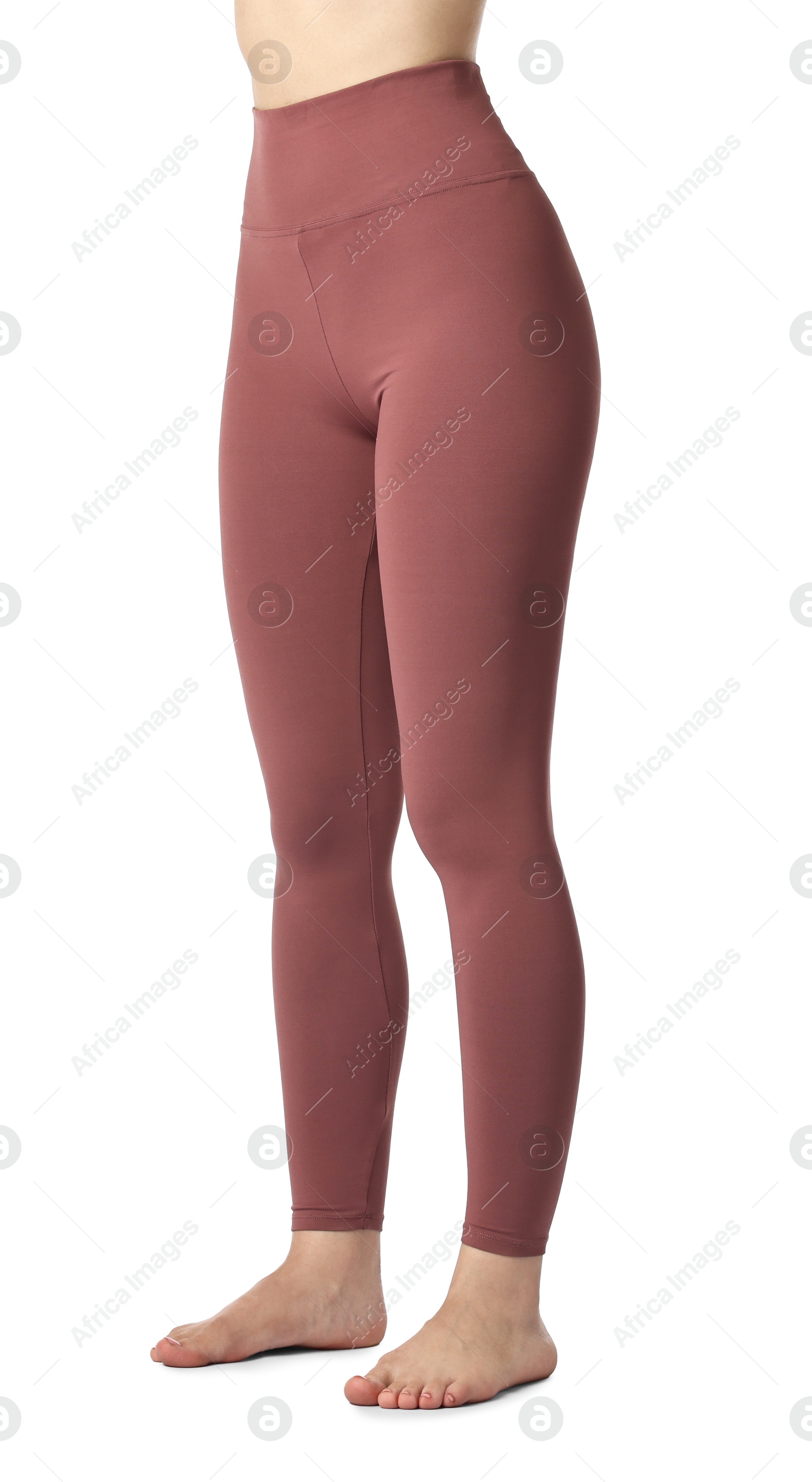 Photo of Woman wearing sports leggings on white background, closeup